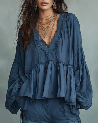 Blouse Bohemian-Stijl Pofmouw V-Hals