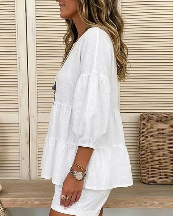 Blouse Ronde Hals Baby Doll Lantaarn Middel Mouw
