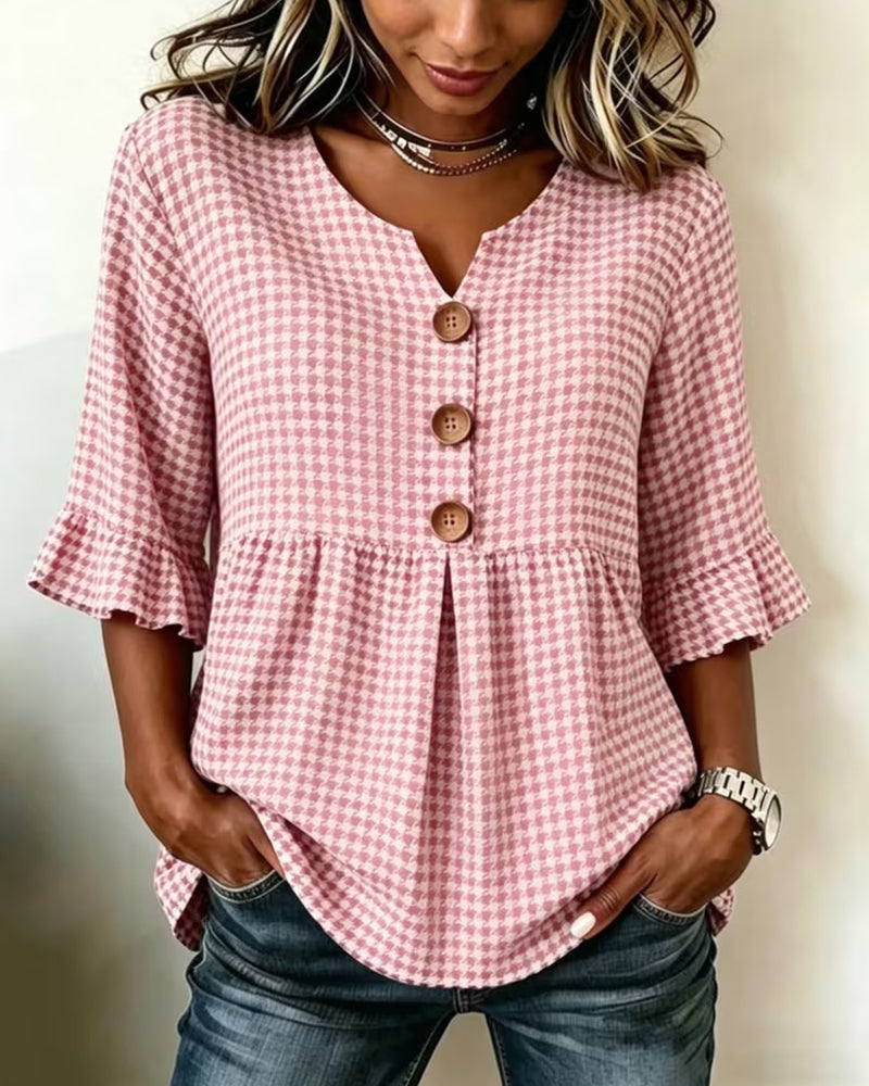 Blouse Ruitjesmotief Drieknoops Casual