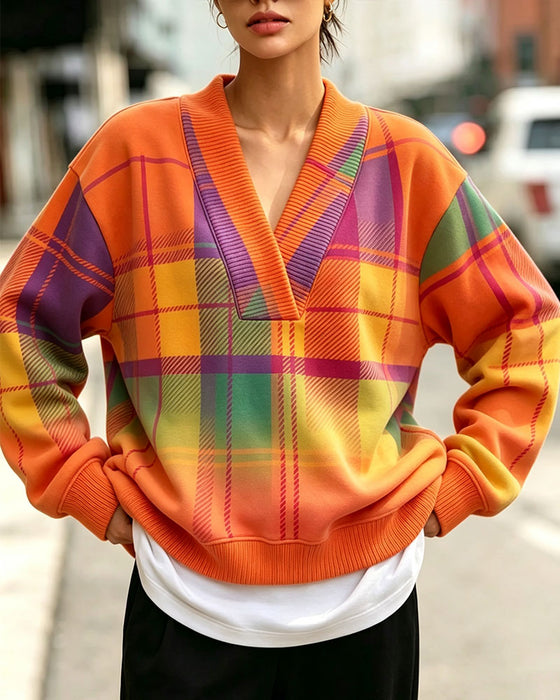 Sweatshirt V-Hals Ruit Casual