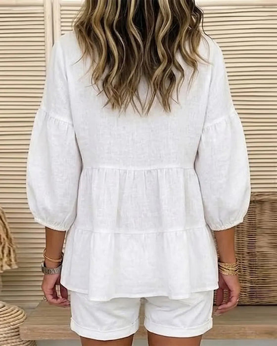 Blouse Ronde Hals Baby Doll Lantaarn Middel Mouw