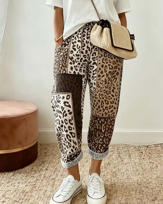Broek Luipaard Afdruk Ruit Contrast Patchwork Casual