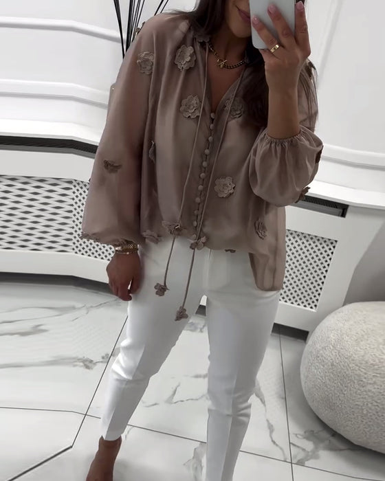 Blouse Effen Kleur 3D-Bloemen Met Vetersluiting