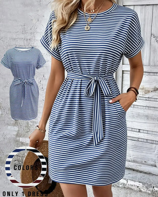 Jurk Ronde Hals Streep Stropdas Taille