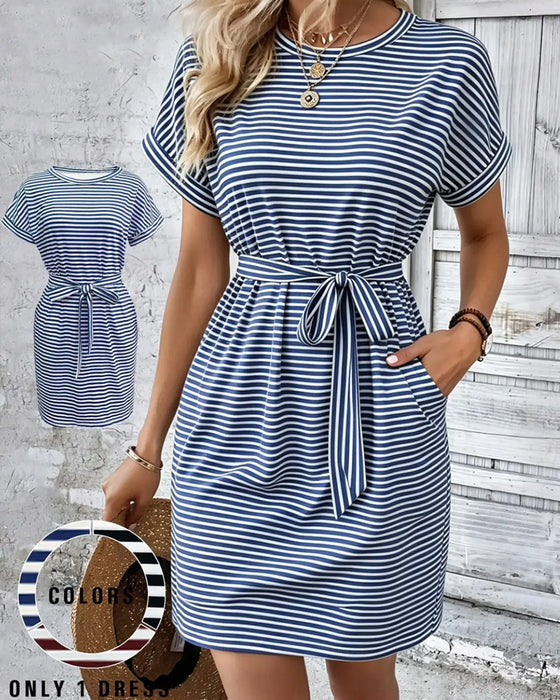 Jurk Ronde Hals Streep Stropdas Taille