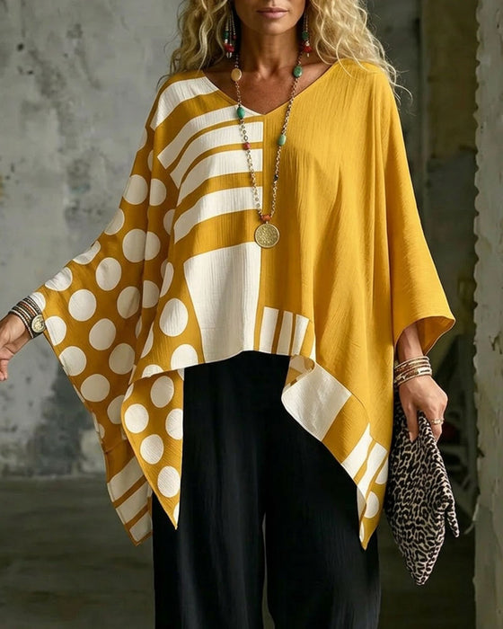 Blouse Polka Dot Streep Patchwork V Hals