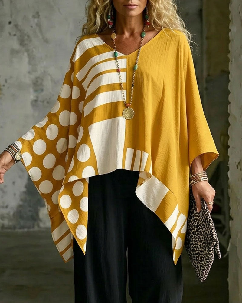 Blouse Polka Dot Streep Patchwork V Hals