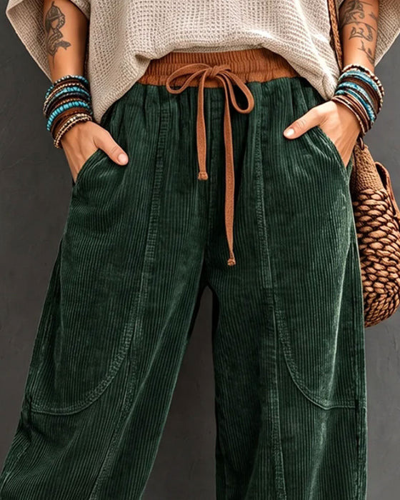Broek Elastische Taille Kleurblok Cropped Wijd Been