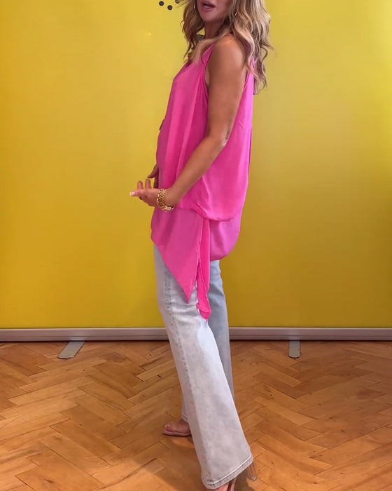 Mouwloze dubbellaagse effen kleur top