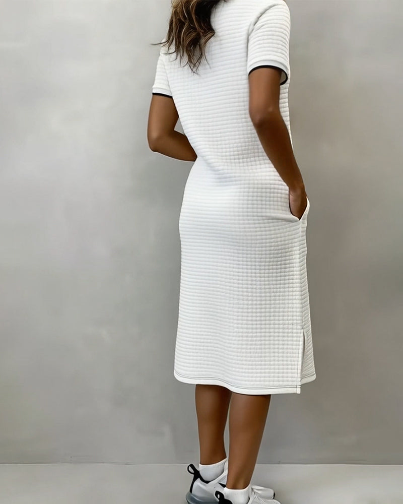 Jurk Ruit Staande Kraag Korte Mouw