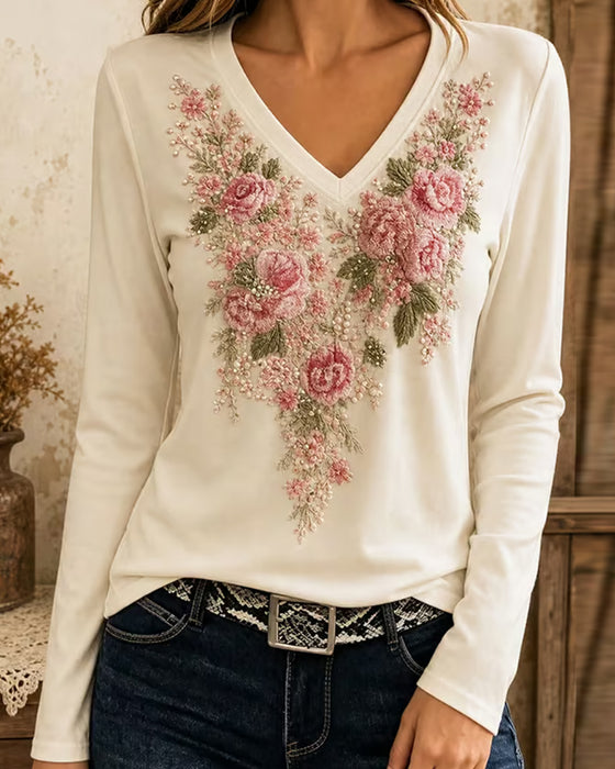 T-Shirt Lange Mouw V-Hals Bloemen