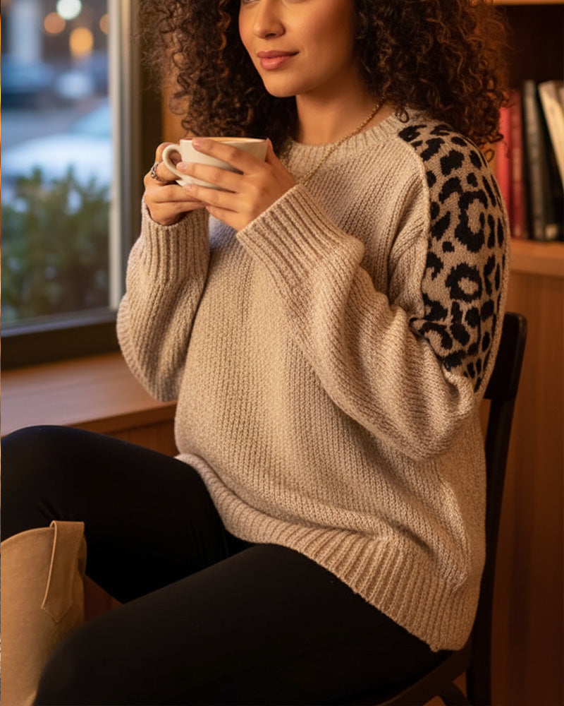Trui casual ronde hals luipaardprint patchwork