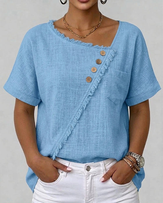 Blouse Ruwe Rand Schuin Gesneden Knoop Korte Mouw
