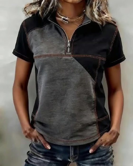 Top Halve Rits Kleurblok Korte Mouwen