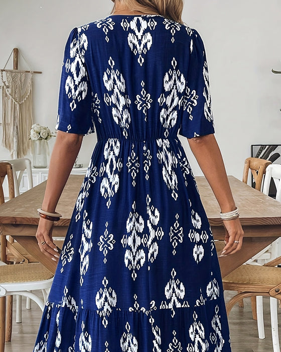 Jurk V-Hals Print Volle Rok Hoge Taille