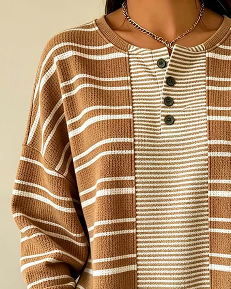 Sweatshirt Gestreept Patchwork Lange Mouw Henley
