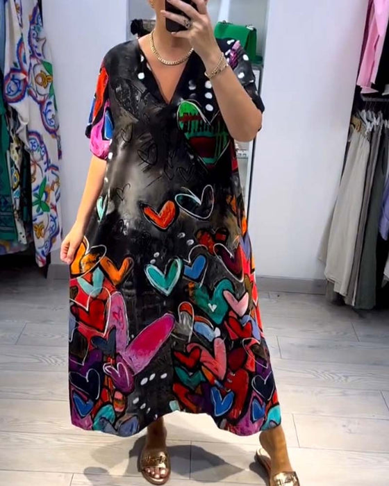 Liefdes-casual jurk met V-hals en print