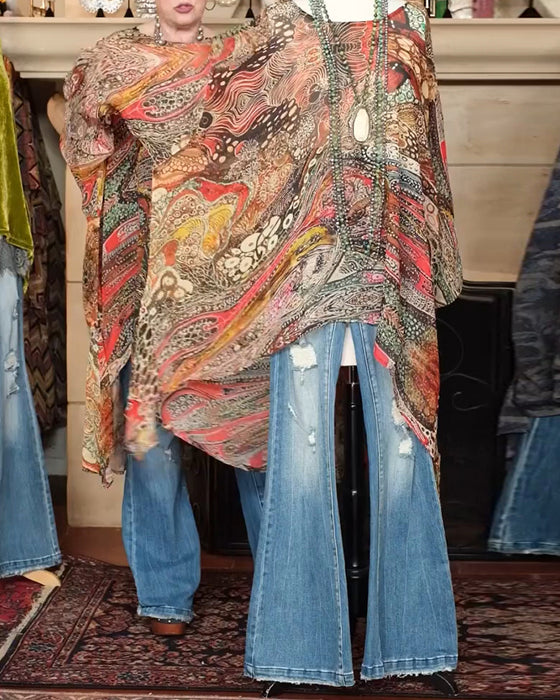 Blouse Wijde Vleermuismouw Print