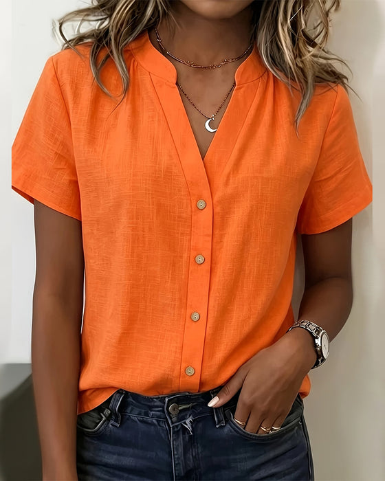Blouse Staande Kraag Dichtknopen Korte Mouw