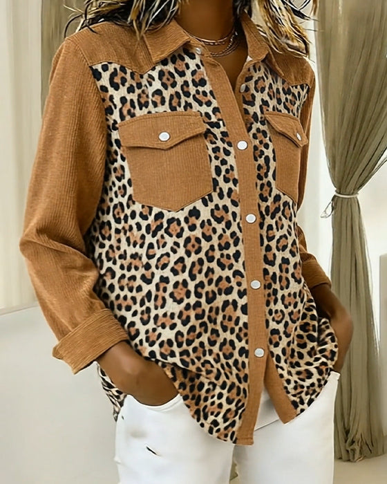 Langmouwig Shirt Met Leopardprint En Patchworkdetails