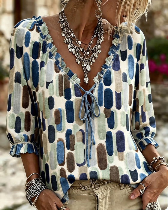 Blouse Kleurblok Ruffle Strik V-Hals