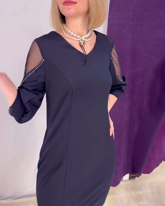 Jurk Halfmouw V-hals Rhinestone Stikken