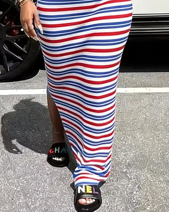 Jurk Gestreept Slim Fit Bodycon Lang