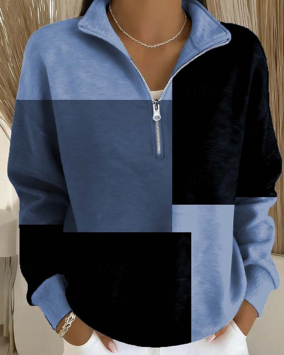 Sweatshirt Geruit Kleurblok Rits Staande-Kraag