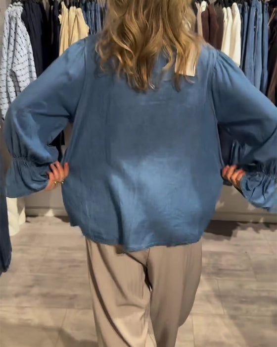 Blouse Ruche Rand Strik Denim