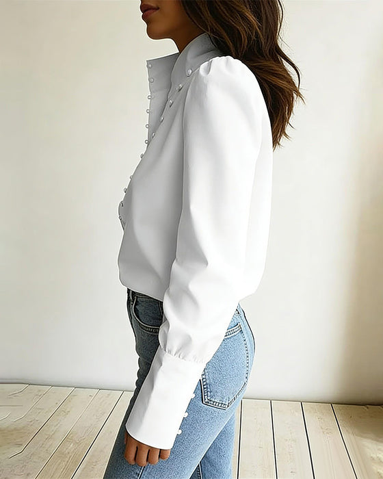 Blouse Opstaande Kraag Knoopsluiting Lange Mouw