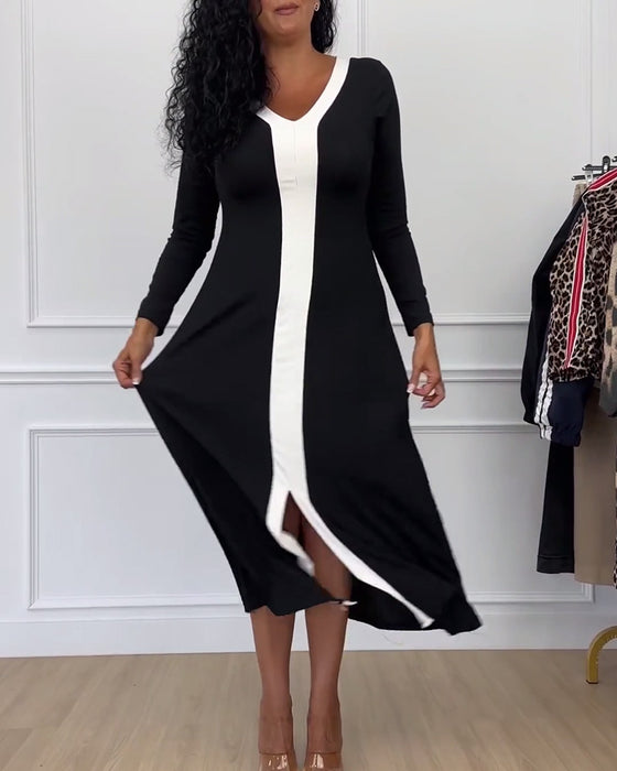 Contrasterende kleur V-hals split elegante jurk