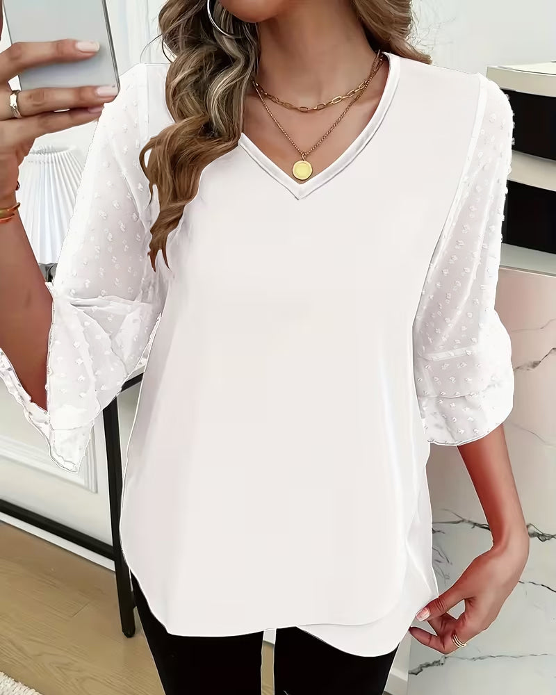 Blouse V-Hals Geruifde Mouw 3D Bloemen