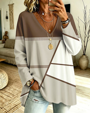 Top Geometrisch Contrast V-hals Loose