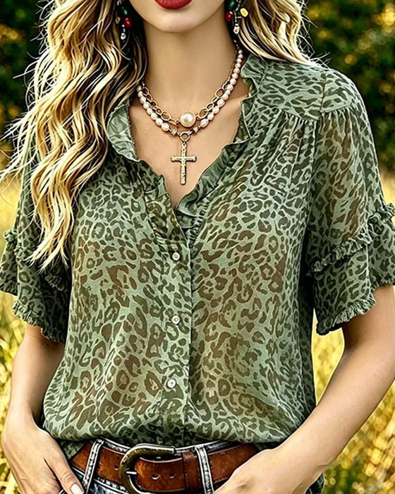 Blouse Groentint Luipaard Afdruk Ruffle