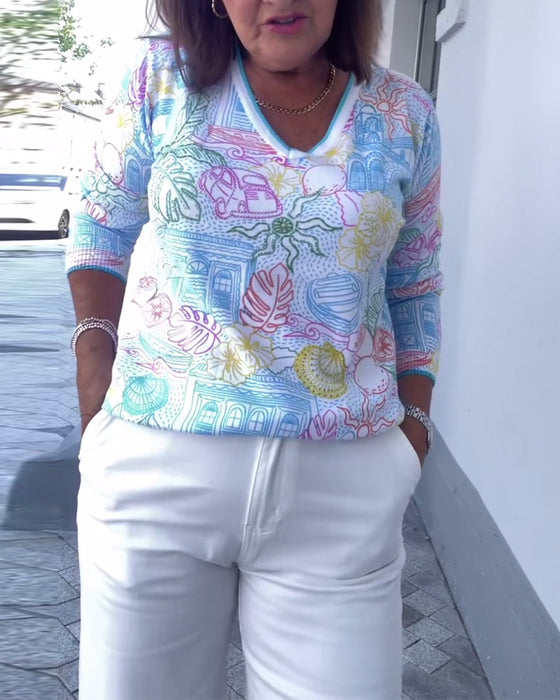 Trui V-Hals Bedrukt Mode