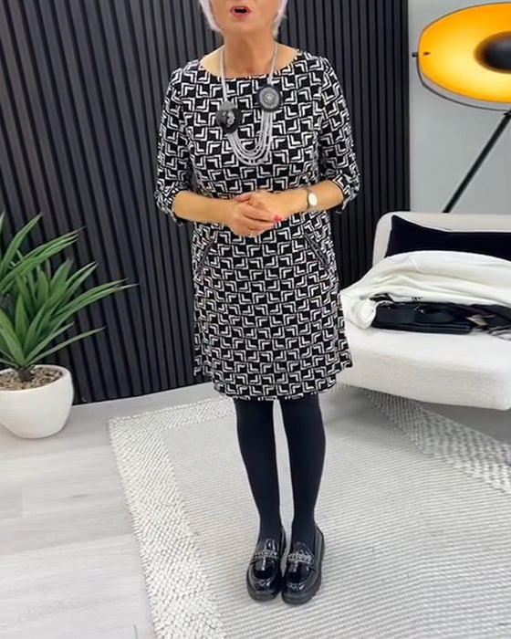 Retro geometrische print ronde hals jurk met zakken