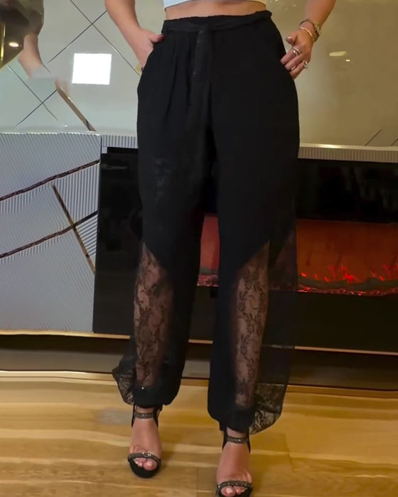 Broek Kant Patchwork Elastische Taille Lantaarn