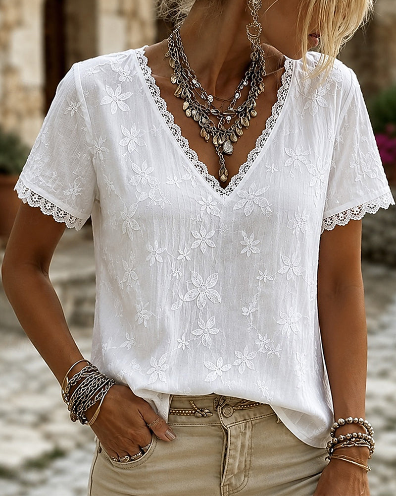 Blouse V-Hals Kant Korte Mouw