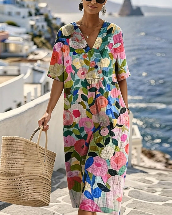 Jurk Aquarel Bloemen V-Hals