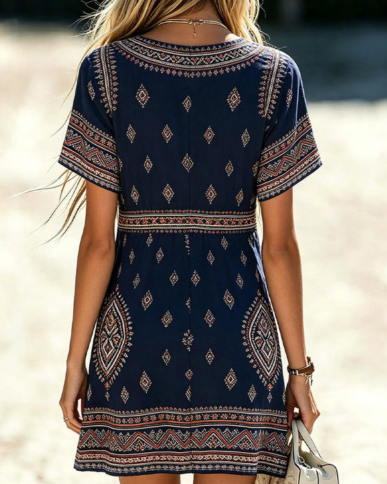 Jurk V-Hals Korte Mouwen Geometrische Print