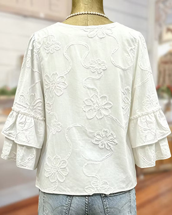 Blouse Driedimensionaal Reliëf Bloemen V-Hals Uitlopende Mouw