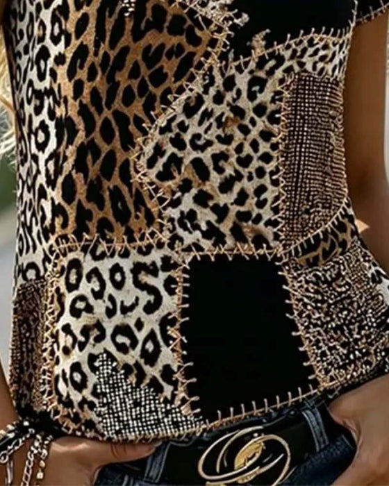 Blouse Ronde Hals Luipaard Print Contrast Korte Mouw