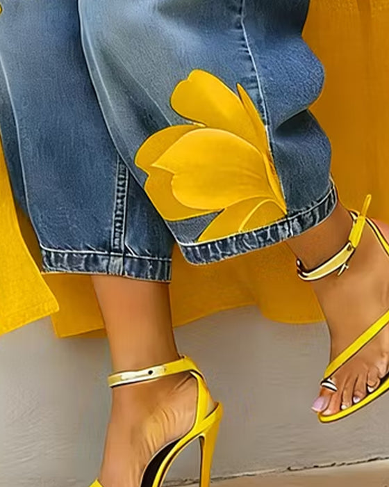 Bloemenprint Jeans Korte Wijde Pijpen