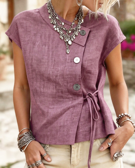 Blouse Asymmetrische Hals Stropdas Knoop