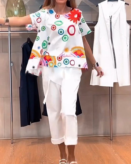 Casual top met ronde hals en korte mouwen met print