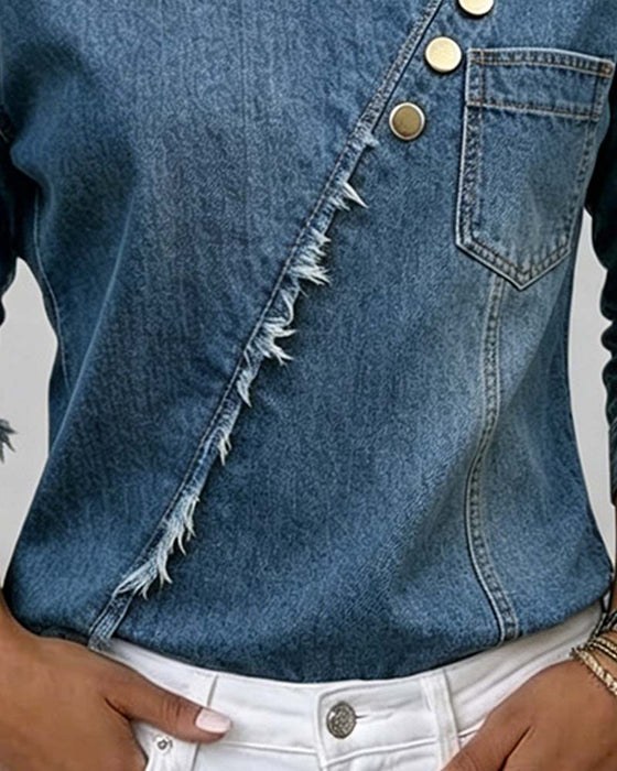Blouse Jeans Schuine Kraag Lange Mouwen
