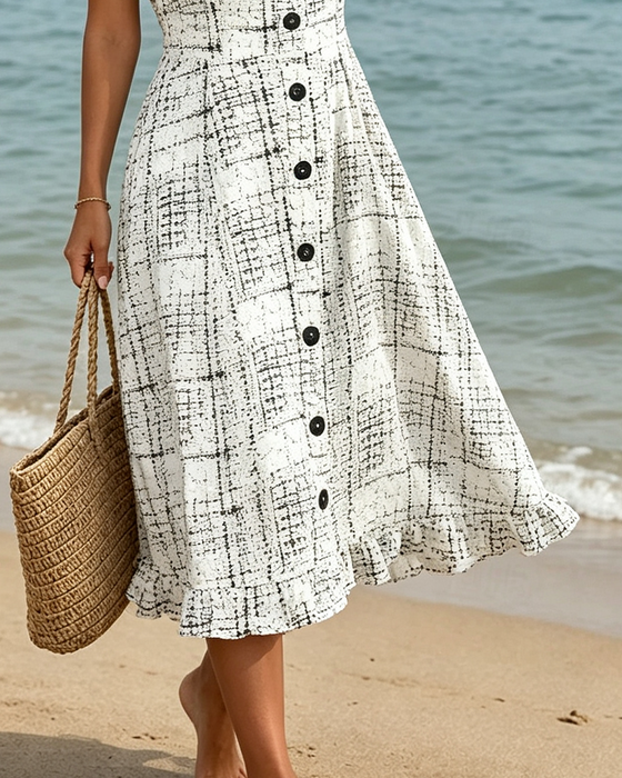 Jurk V-Hals Ruit Knoop Ruffle