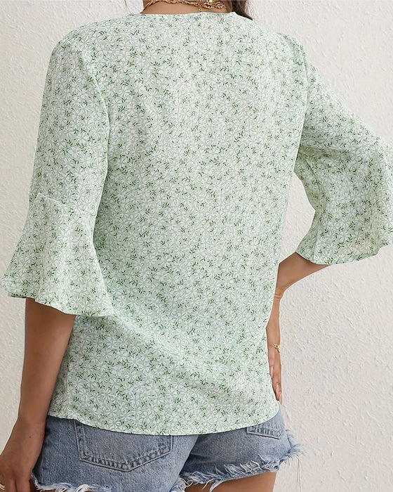 Blouse V-Hals Floraal Vlinder Mouw