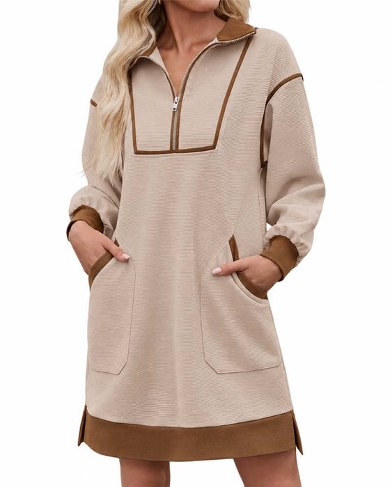 Jurk Half Zip Lange Mouw Kleurblok Kort