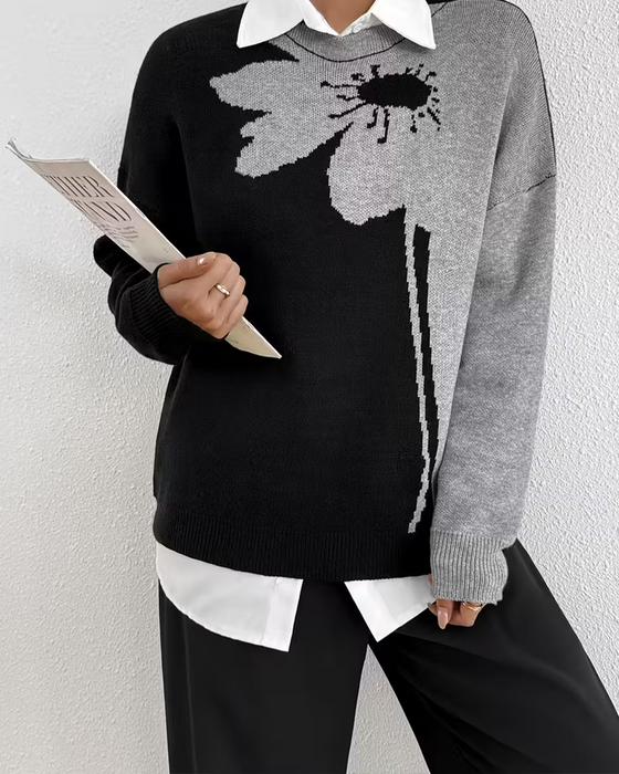 Pullover Kleurblok Groot Bloemen Jacquard Rond Hals